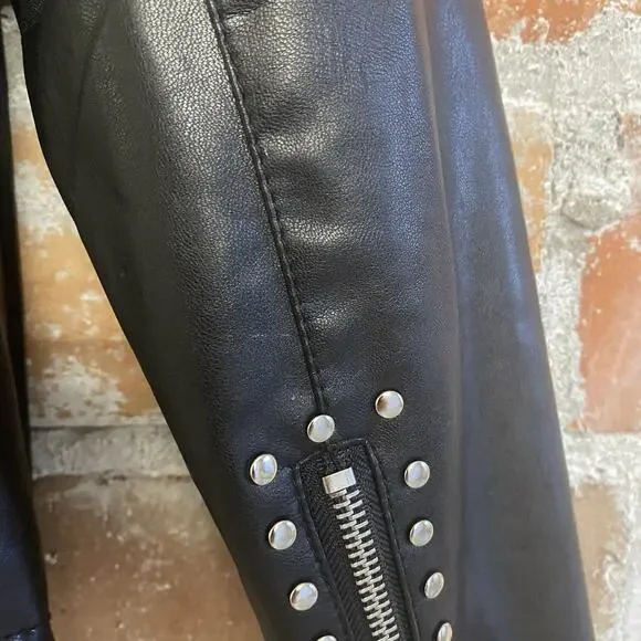 Coffee Bean Star Studded Faux Leather Fringe Black Moto Motorcycle Jacket Medium - Picture 9 of 13